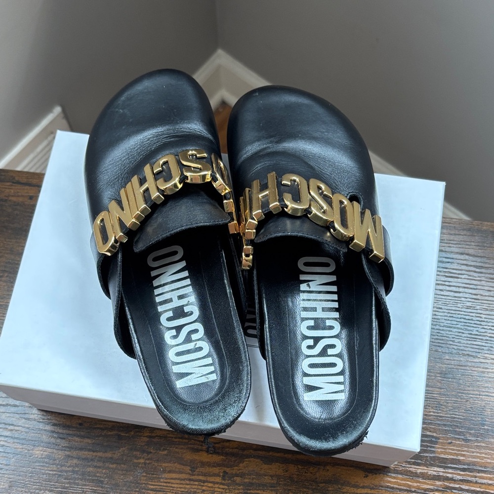 Moschino Black Leather Logo Slide Mules with Gold Lettering - Picture 4 of 7